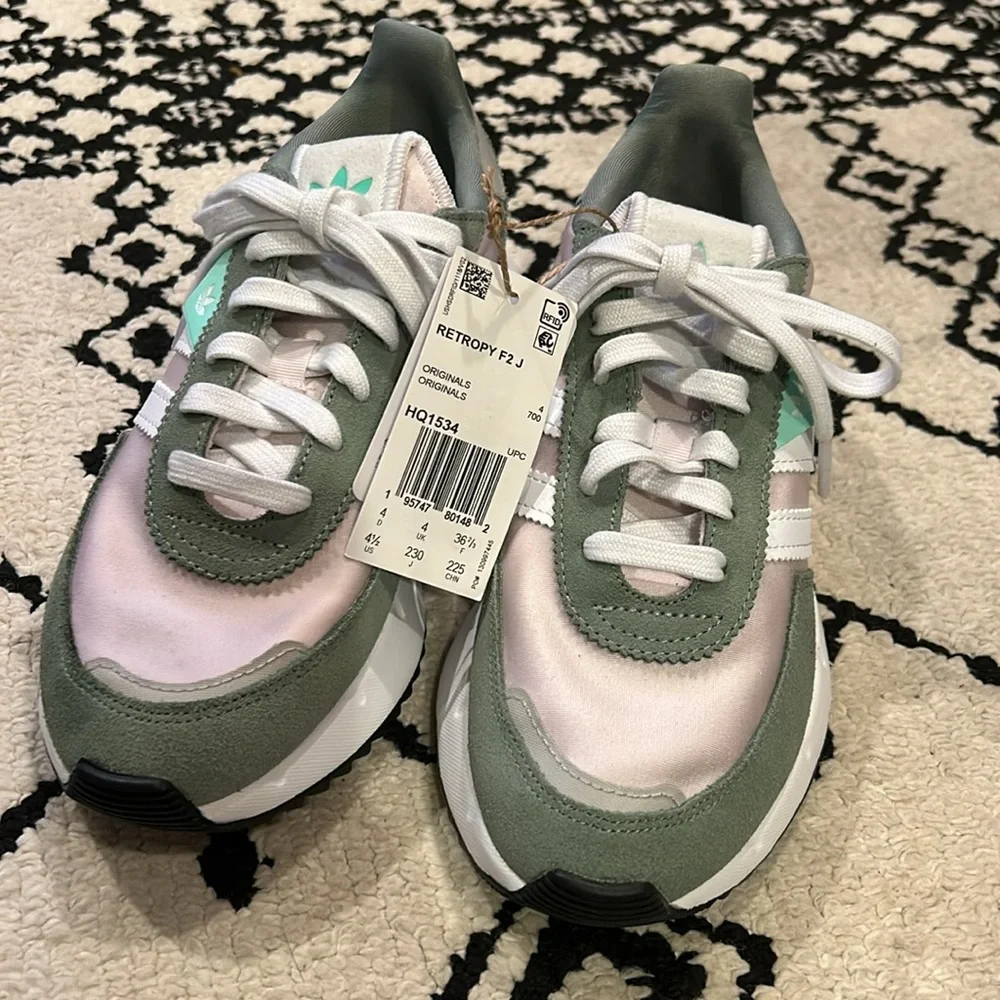 adidas Kids Sneakers in Sage Green, Mint, White, Pink Accents